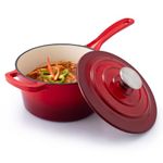 AGARO Royal Enamelled Cast Iron Sauce Pan with Lid, 19 cm Diameter, 1.9L Capacity, No Chemical Coating, Heavy Bottom, Fast Heating, Gas & Induction Oven Compatible, Milk/Tea Pan, Boiling, Red