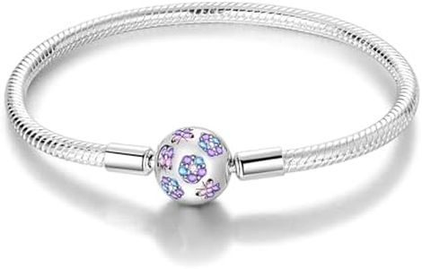 Charm Bracelet for Women Sterling Silver, Heart Clasp Snake Chain Bracelet Travel Charm Moments European Bracelet Jewelry Compatible with Pandora Charms, Gift for Her