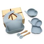 BABYHOP Silicone Baby & Infant Feeding Set (5 Pcs Pack - Bib, Spoon, Fork, Bowl, Plate) Suction Bowl, Divided Plate, Adjustable Bib, Soft Spoon & Fork -Training Eating Utensils (Blue)