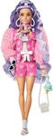 Barbie Extra Doll #6 in Pink Teddy Bear Print Denim Jacket & Matching Shorts with Pet Puppy, Long Periwinkle Hair, Layered Outfit & Accessories, Toy Gift for Kids 3 Years Old & Up, GXF08