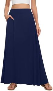 Leafsay Womens Maxi A-line Long Summer Skirt Elastic High Waist Flowy Skirt with Pockets(Navy Blue,3XL)