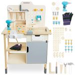 Mamabrum Wooden Tool Bench for Kids 3+, Creative Construction Toy Set, Workbench 74 Pieces, Realistic Tools, Accessories, Building Components, Work Gloves, Movable Vice, Saw, Sound Panel, Screwdriver