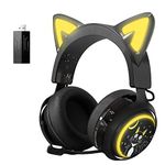 SOMiC Wireless Gaming Headset, Bluetooth Headset for Smartphone, Retractable Mic, 7.1 Surround Sound, 50mm Drivers, RGB Lighting, Cute Cat Ear Headphones for Girls Black