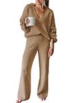 Viottiset Women's 2 Piece Outfits Casual V Neck Knit Wide Leg Sweater Lounge Set Sweatsuit, Khaki, Small