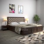 DRIFTINGWOOD Dolvi Solid Sheesham Wood King Size Bed with Storage | Wooden Double Bed Cot Bed with Box Storage & Matt Beige Mink Velvet Upholstered Cushioned Headboard for Bedroom | Walnut Finish