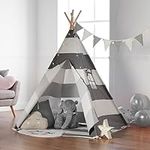 Haus Projekt Kids Teepee Tent Grey with Fairy Lights, Bunting, Carry Bag and Waterproof Floor Mat, 160cm CE Certified Childrens Teepee Play Tent, Indoor Outdoor Tipi Playhouse, Garden Beach Wigwam