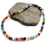 Multi-Colour Glass Seed Bead Anklet on Elastic - Colourful Handmade Design - 10 inches