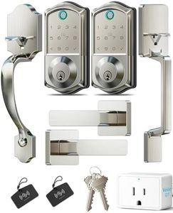 Veise VE017G-H-VE017D Wi-Fi Smart Fingerprint Front Door Lock Set, Remote App Control, Keyless Entry Deadbolt with Handle, Backlit Keypad, IP55 Weatherproof, Auto Lock, Easy to Install, Satin Nickel