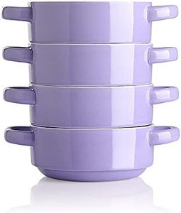 Sweejar Ceramic Soup Bowls with Double Handles, 20 Oz Stacked Bowls for French Onion Soup, Cereal, Pot Pies, Stew, Chill, Pasta, Set of 4 (Purple)