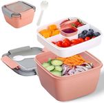 Salad Lunch Container, Stackable Lunch Box Container, Salad Bowls with 3 Compartments, Bento Style Food Storage for Salad, Sandwich, Snacks, Toppings & Dressing, Leak-Proof and BPA Free (Pink)