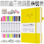 Bullet Dotted Journal Kit, 140gsm No Bleed A5 Dotted Bullet Grid Journal Set with 188 Pages, 10 Stencils, 14 Washi Tape, 12 Brush Pens Dual Tip, Journaling Supplies for Diary Schedule Planner, Yellow