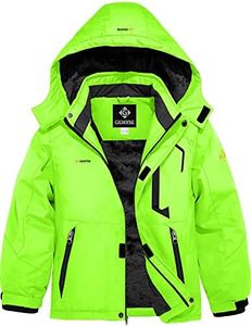 GEMYSE Boy's Waterproof Ski Snow Jacket Hooded Fleece Windproof Winter Jacket (Fluorescent Green,10/12)
