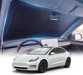 DMJN Windshield Sun Shade for Tesla Model Y & 3 (2017-2026), Car Sunshade for Front Windshield [Nano Ice-Crystal Coatings] UPF50+ Heat Block & UV Reflective - Protect Interior & Keep Cooler
