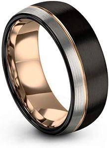 Tungsten Wedding Band Ring 8mm for Men Women Black & 18K Rose Gold Plated Offset Line Domed Half Brushed Polished Size 6.5