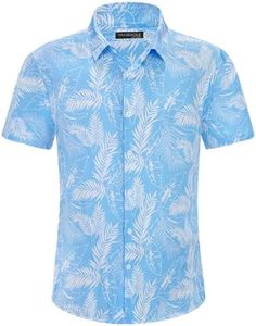 YAOBAOLE Mens Casual Button Down Shirt Casual Hawaiian Beach Shirt Summer Flower Printed T-Shirt Wedding Party Shirt Light Blue XL