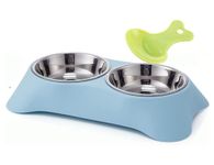 Fuwok Double Dog Bowl,Non Slip Non-spill Stainless Steel Double Bowl with 1 Pet Food Spoop For Small Dogs and Cats (S, Blue)