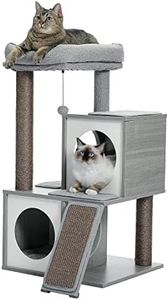 PAWZ Road Cat Tree 35 Inches Wooden Cat Tower with Double Condos, Spacious Perch, Fully Wrapped Scratching Sisal Posts and Replaceable Dangling Balls-Gray