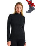 Merino Wool Base Layer Women - 100% Merino Half Zip Sweater Women Lite, Midweight, Heavyweight Thermal Shirts + Wool Socks (Medium, 250 Charcoal Grey)