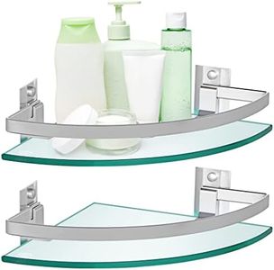 Sanbege 2 Pcs Tempered Glass Corner Shelf with Rail & Brackets, 9.5" x 9.5" Floating Shower Caddy, Wall Mounted Shampoo Holder Organizer for Bathroom, Kitchen, Living Room