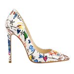 Only maker Womens Pointy Toe Stilettos Pumps High Heels PU Court Party Dress Shoes Print White Size 2