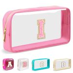 Mini Clear Personalized Initial Makeup Bag, Nylon Preppy A-Z Chenille Letter Patch Zipper Cosmetic Bag, Small Cute Pouch Travel Coin Purse Toiletry Bag, Small-Pink, I