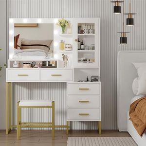 GarveeHome Large Makeup Vanity and Stool, Vanity Desk with Mirror and Lights, Makeup Table with Charging Station, Vanity Table with Drawers and LED Bulbs, White