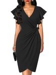 oten Womens Ruffle Sleeve Deep V Neck Sheath Knee Length Cocktail Party Work Faux Wrap Formal Dress Black XX-Large