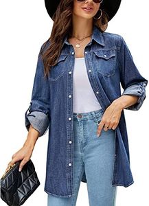 Kedera Womens Button Down Denim Shirt Long Sleeve Roll Up Boyfriend Jean Jacket Shacket, Dark Blue, XX-Large