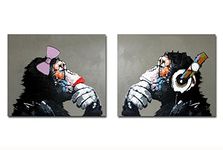 Fokenzary Hand Painted Oil Painting on Canvas Listening Music Pop Gorilla Couple Lover Wall Decor Framed Ready to Hang