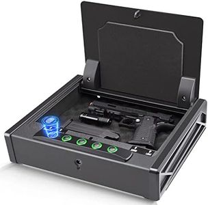 SOULYI Biometric Fingerprint Gun Safe for 3 Pistols Safe DOJ Certified with 3 Quick Access Handgun Safe,Digital Keypad Frosted Black Bedside Firearm Safety Car Safe Hardened Steel Lock Box