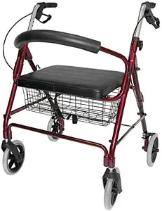 DMI Rollator Walker with Extra Wide Seat and Backrest, FSA HSA Eligible, Adjustable Handle Height, Removable Storage Basket, Burgundy
