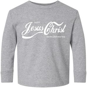 Enjoy Jesus Christ Shirt – Thou Shalt Never Thirst, Funny Christian Gifts for Men Women, Faith Apparel Inspirational Toddler Long Sleeve Graphic Shirt, Heather Grey, 3T