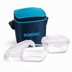 Borosil Alfa Borosilicate Glass Lunch Boxes Set of 2 (320 ml Each) with Lunch Bag, Square, Vertical, Lunchboxes for Office & College, Microwave Safe, Leak Proof (Blue)