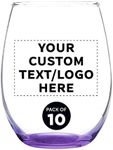 Custom Stemless Wine Glass 9 oz. Set of 10, Personalized Bulk Pack - Great for Wedding Favors, Bachelorette Party Decorations, Party Favors, Color Bottom - Purple