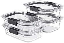 Rubbermaid Brilliance Glass Food Storage set of 4 containers, 8 total pieces (4 containers + 4 lids) for Lunch, Meal Prep, and Leftovers, Dishwasher and Oven Safe, Clear/Grey