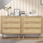 Anmytek 2pcs 3 Drawer Dresser for Bedroom, Rattan Chest of Dressers, Modern Wooden Dresser Wide Chest of Drawers with Golden Handles, 3 Drawer Dresser Storage Chest Organizers for Living Room, Hallway