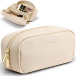 Vlando Travel Makeup Bag,Purse Leather Cosmetic Bags for Women, Waterproof Portable Zipper Makeup Pouch Bag with Divider,Beige