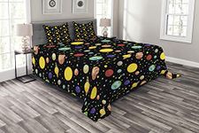 Ambesonne Space Bedspread, Comets and Constellations Stars Polka Dots Earth Sun Saturn Mars Solar, Decorative Quilted 3 Piece Coverlet Set with 2 Pillow Shams, Queen Size, Multicolor Charcoal Grey