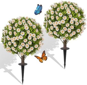 Quirlory 24" Artificial White Daisy Topiary Ball Trees with Dense Blooms, Set of 2 Fake Bushes with Ground Spike, UV Resistant Faux Evergreen Plants for Outdoor Indoor Spring Garden Front Porch Decor