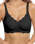 HORISUN Bras for Women No Underwire V Neck Scalloped Wireless Bralettes with Soft Support Comfort Full Coverage Seamless Bra (Black,L)