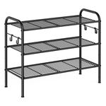 SONGMICS Shoe Rack, 3-Tier Shoe Organizer, Metal Shoe Shelf Storage with 4 Side Hooks, Holds 12 Pairs of Shoes, Height-Adjustable Shoe Rack for Entryway, Hallway, Closet, Ink Black ULMR068B01