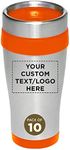 Custom Insulated Stainless Steel Travel Mugs 16 oz. Set of 10, Personalized Bulk Pack - Perfect for Coffee, Soda, Other Hot & Cold Beverages - Orange