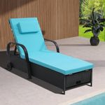 YITAHOME Chaise Lounge Chair with Storage, Wicker Patio Lounge Set with 5-Position Backrest, Rattan Pool Reclining with Headrest, Arm, Cushion, and Wheel for Poolside Balcony Garden(Black+Blue)