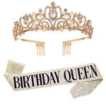 Leixi Birthday Queen Sash & Rhinestone Tiara Set, Birthday Sash and Tiara for Women Birthday Decoration Kit Rhinestone Headband for Girl Glitter Crystal Hair Accessories for Party (Gold)