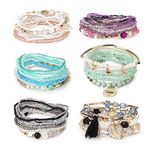 FIBO STEEL 6 Sets Bohemian Stackable Bead Bracelets for Women Stretch Multilayered Bracelet Set Multicolor Boho Jewelry