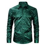 HISDERN Men's Shiny Satin Dress Shirts Luxury Floral Jacquard Slik Like Long Sleeve Fashion Shirt for Wedding Party Prom, Green-1, Medium