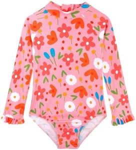 Girls Swim Suit One Piece Pink Plant Swimwear with UPF 50+ Sun Protection Long Sleeve Swimsuit Hawaiian Girls 3t 4t 3-4t