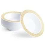 MATANA 20 Premium White Plastic Bowls with Gold Lace Rim, 360ml - Elegant, Sturdy & Reusable - Soup & Dessert Bowls for Weddings, Birthdays, BBQ, Buffets, Catering, Parties