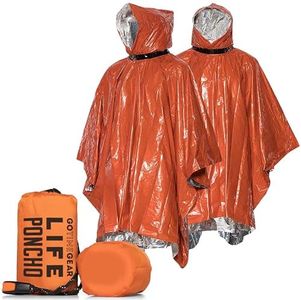 Go Time Gear Emergency Survival Ponchos 2-Pack - Thermal for Camping with Whistle & Paracord - Reusable Hooded Poncho with Emergency Whistle