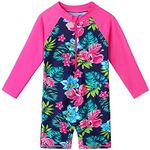 BAOHULU Girls Swimsuits One Piece Long Sleeve Rashguard UPF50+ Sun Protective Bathing Suit Flower Zipper Swimwear, Navy Flower Long, 5-6 Years